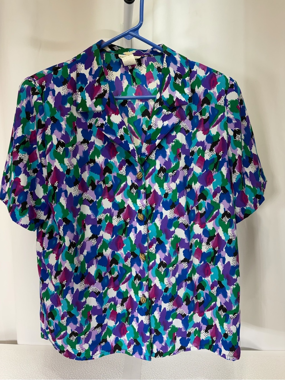 Impressions Short-Sleeve Button Blouse in Green, Blue, Purple & White 4007